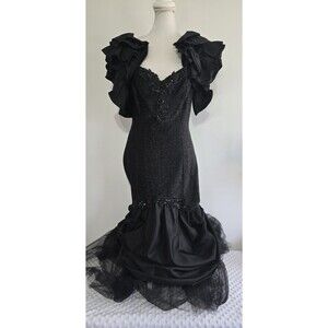 Vtg 80s Ballgown Prom Dress XL 15 Black Chiffon Mermaid Maxi Long Gothic Sequins